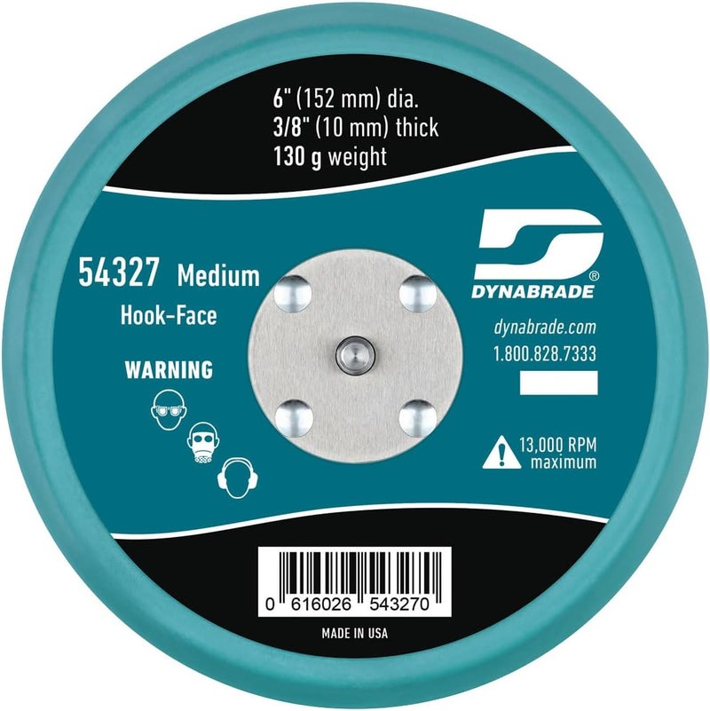 Dynabrade (54327) 6" (152 mm) Diameter Hook-Face Non-Vacuum Sanding Disc Pad, Short Nap, Teal | 3/8" (10 mm) Thick Urethane Medium Density, Swirl-Free Finish, 5/16"-24 Male Thread - Image 1